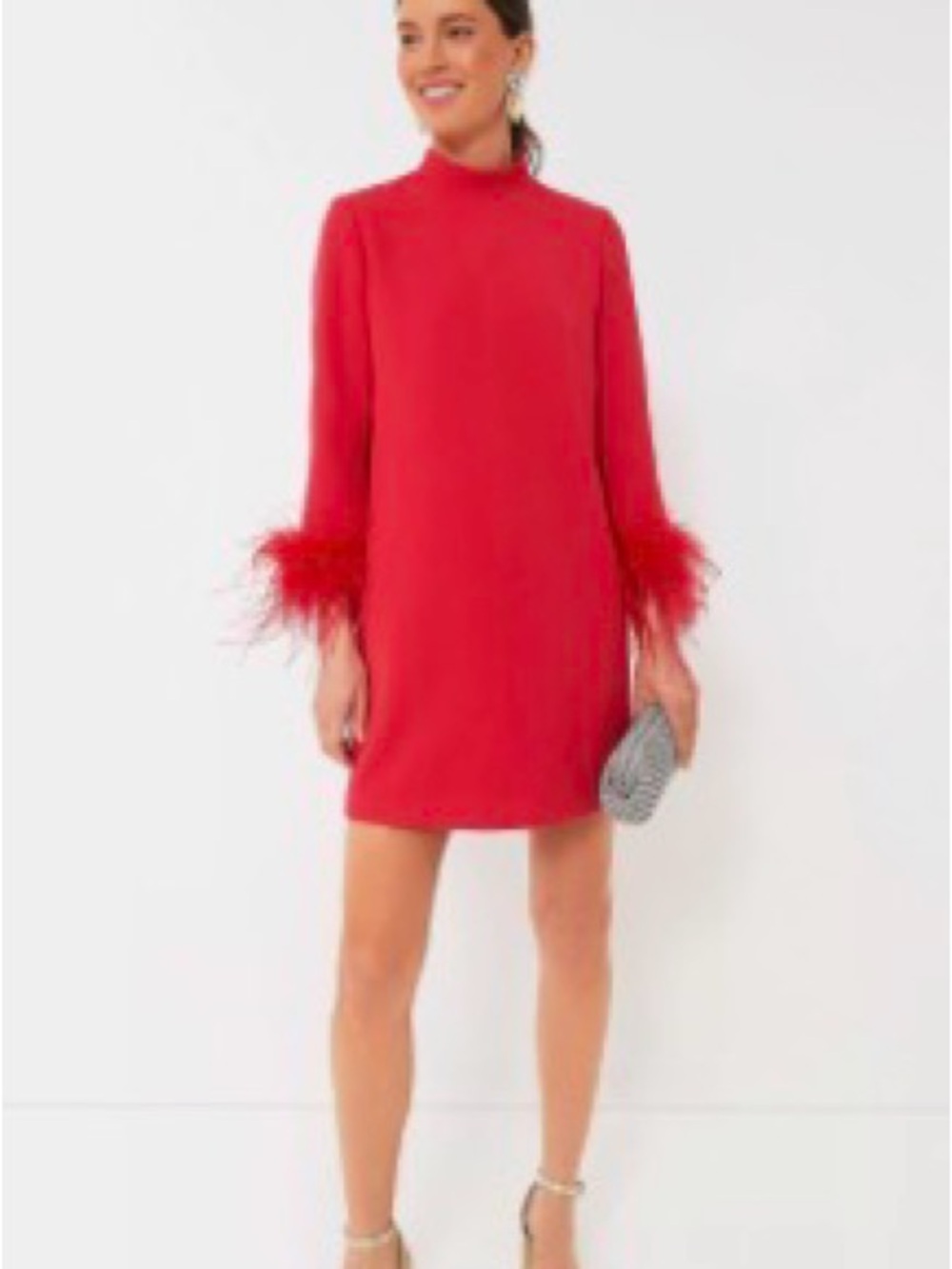 Tuckernuck Coral-Red Dress with mock neck and feather sleeve embellishment
